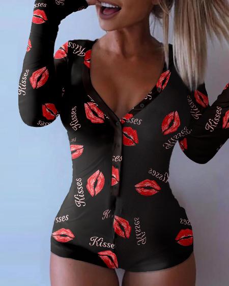 Lip Letter Print Functional Buttoned Flap Adults Pajamas